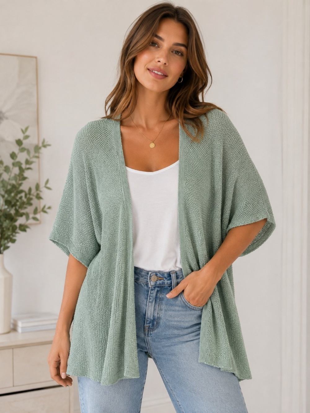 J. JIll Women's Mint Green Open Cardigan Short Dolman Sleeves 1X Minimalist Cozy